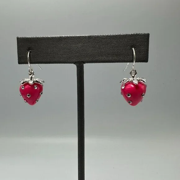 3/$30 Strawberry Dangle Earrings Pink Silver Tone Rhinestone Accents Fruit - Picture 2 of 11